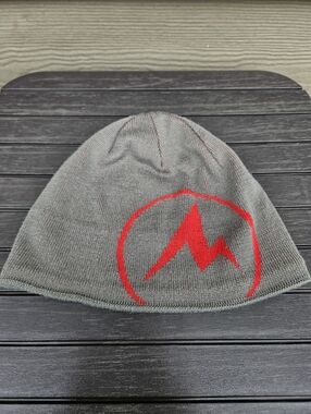 Marmot Summit Beanie Gray Red Logo Hat Cap Fleece Band GUC